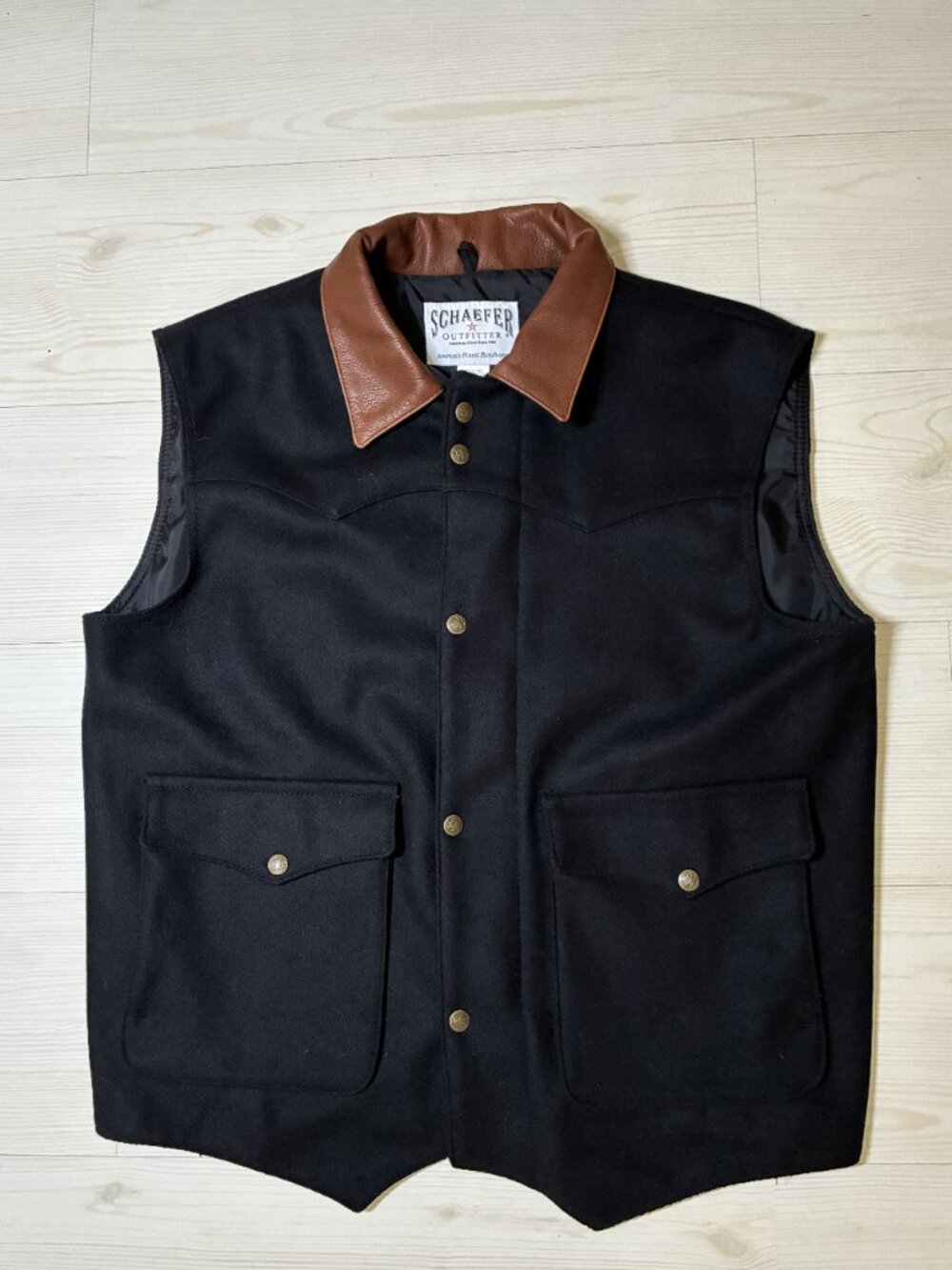 Schaefer Outfitter 713 Legacy Wool Ranch Vest Men's Large Black Brown Leather